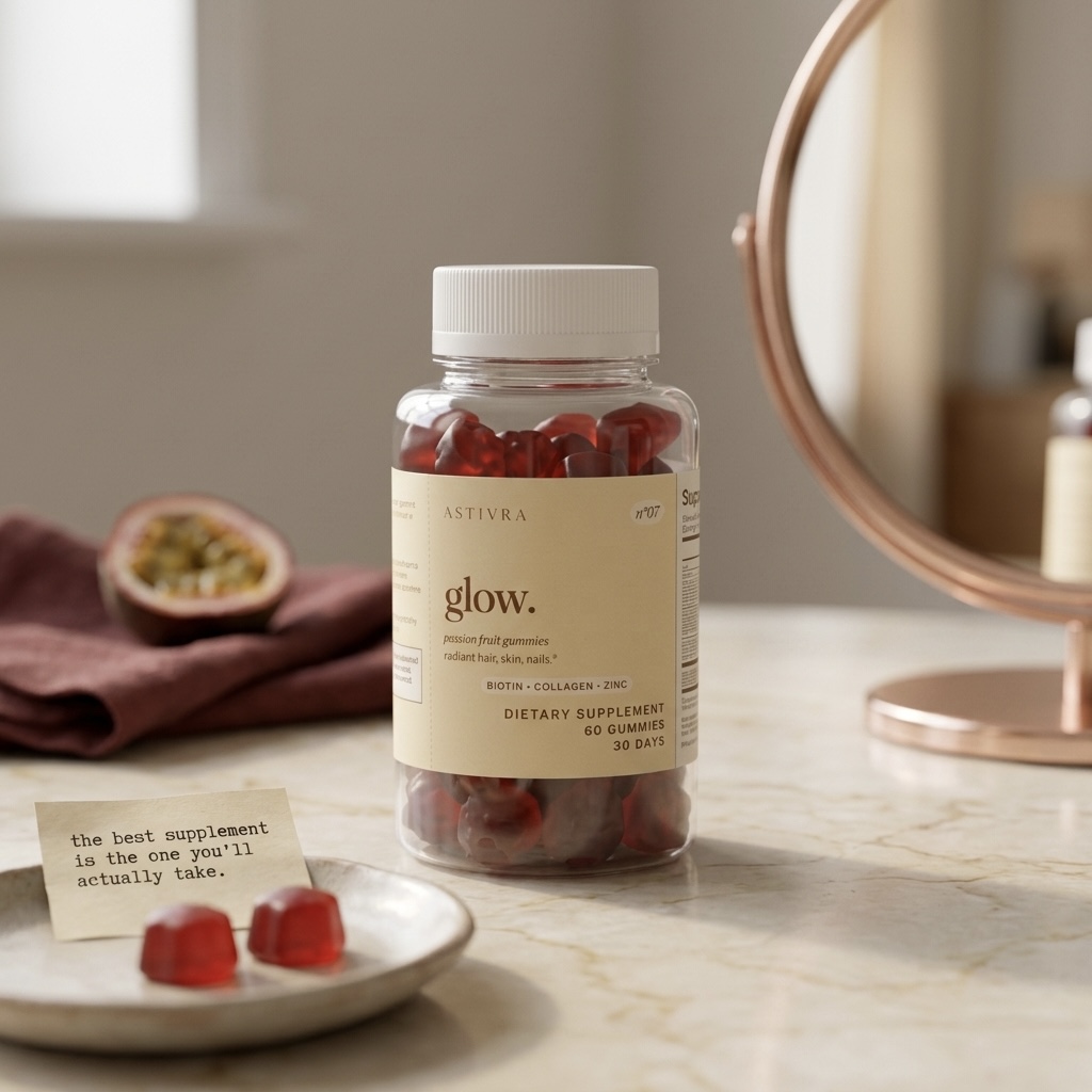 astivra glow. passion fruit gummies beside a vanity mirror