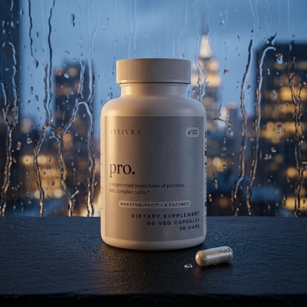astivra pro. against a rain-streaked city window at night